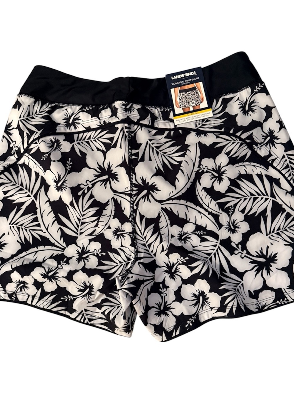 NWT Lands' End Black & White Floral Athletic beach swim shorts activewear SZ M